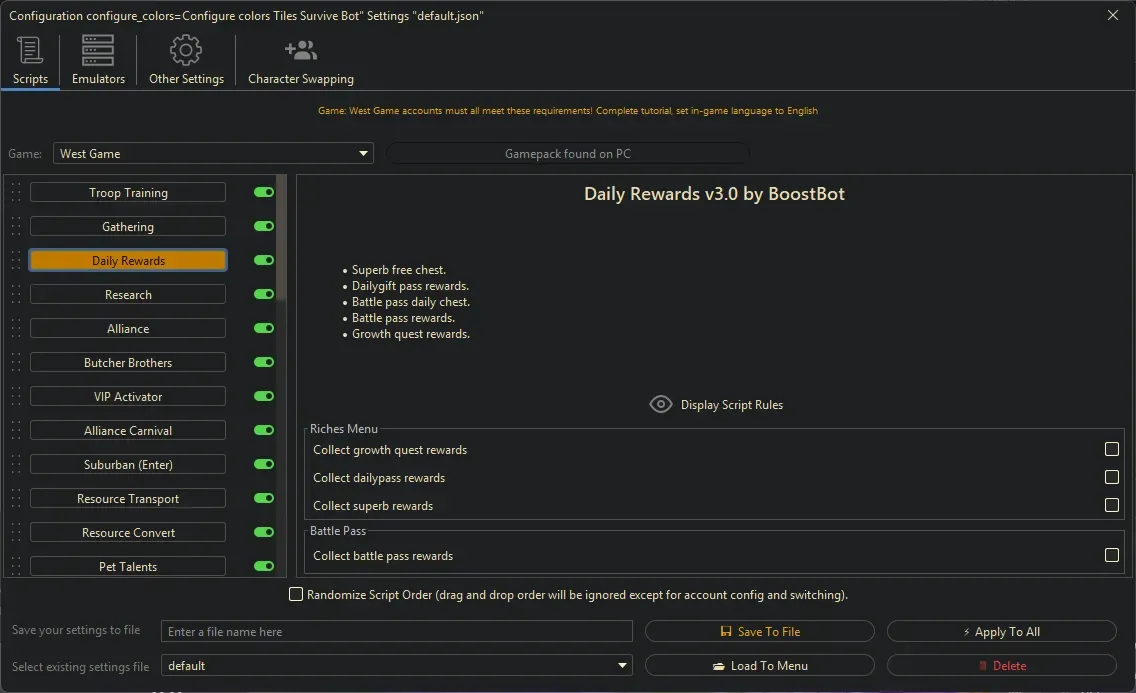West Game Bot - Daily Rewards