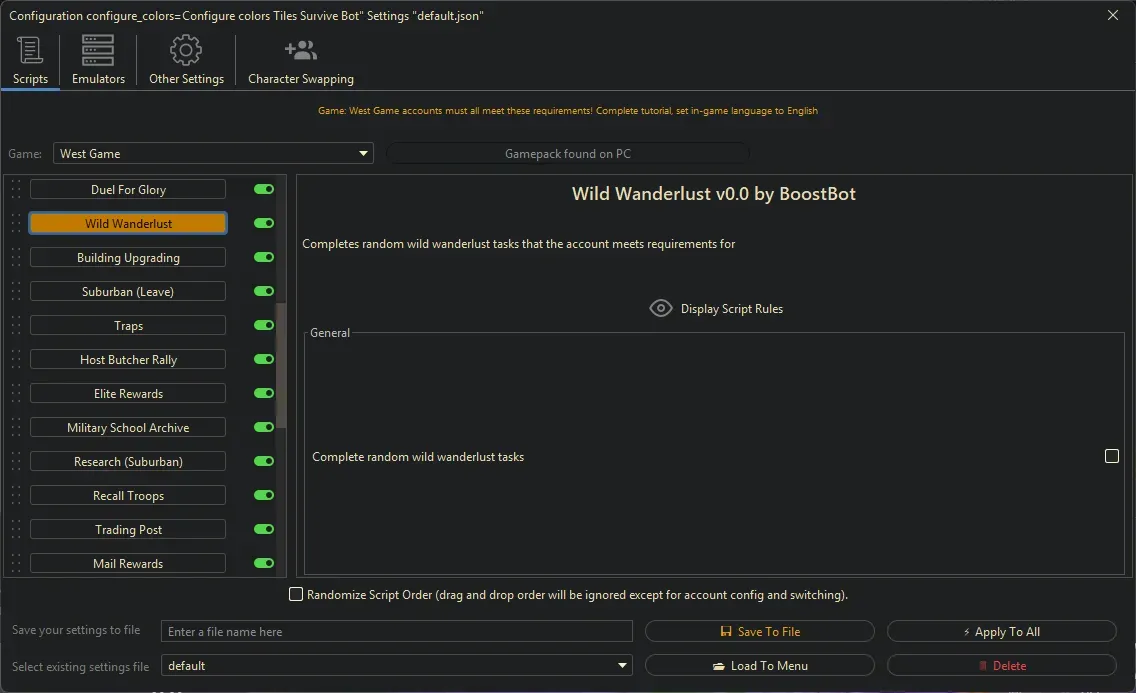 West Game Bot - Wild Wanderlust
