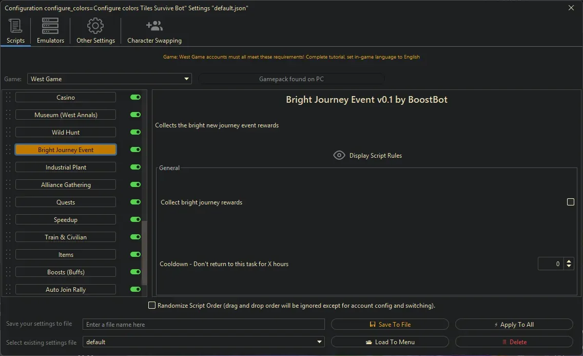 West Game Bot - Bright Journey Event